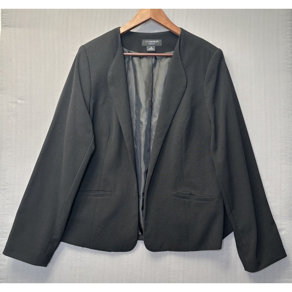 Sag Harbor Officecore Blazer Womens 16 Black Open Front Workwear Minimalist - Picture 1 of 12